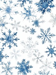 Leinwandbilder - Delicate patterns of abstract snowflakes in shades of blue and white fill the background, creating a serene winter ambiance. Generative AI
