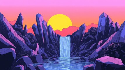 A minimalist landscape with a terrain of sharp, angular crystals and soft, cascading waterfalls, drawn in a simple style