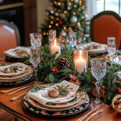 Wall Mural - A beautifully set Christmas dinner table with candles, greenery, and elegant plates.