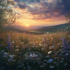 Sticker - A bird's nest with five white eggs sits in a field of wildflowers at sunset, with rolling hills and a vibrant sky in the background.