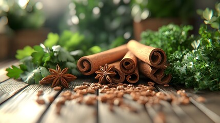 Wall Mural - Close up 3D Render of Fresh Herbs and Spices for Aromatic Vietnamese Pho Broth