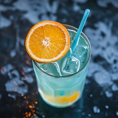 Poster - A blue cocktail with ice, an orange slice, and a blue straw in a glass on a black background.