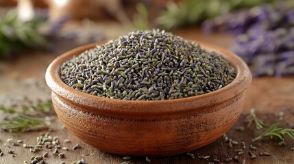 Wall Mural - Close up of Fragrant Herbes de Provence in Ceramic Bowl with Lavender and Thyme