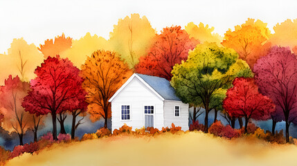 Poster - Watercolor Cottage in Autumn -  Perfect for Fall Decor and Greeting Cards!