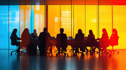 A dynamic meeting scene in an office conference room, with business people sitting around the table and discussing ideas