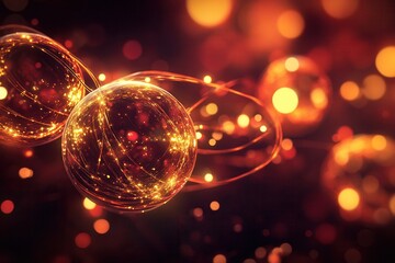 Fototapete - Glowing lines intertwine with spherical elements, creating a festive vibe reminiscent of Christmas lights and colorful baubles. Generative AI
