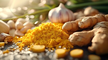 Wall Mural - Closeup of Fresh Asian Spices   Ginger Turmeric Garlic and Lemongrass