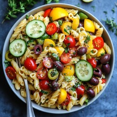 Sticker - A bowl of pasta salad with tomatoes, cucumbers, olives, and herbs.