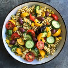 Wall Mural - A bowl of pasta salad with tomatoes, cucumbers, olives, and yellow peppers.