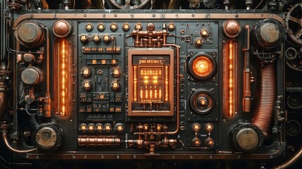 Industrial steampunk contraption with shiny copper boards, metal coils, and a glowing interface, set against a moody background of gears and pipes