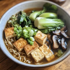 Wall Mural - A bowl of ramen noodles with tofu, bok choy, mushrooms, and green onions.