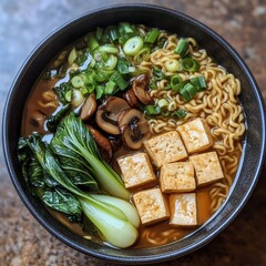 Poster - A bowl of ramen noodles with tofu, mushrooms, bok choy, and scallions.