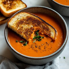 Poster - A bowl of tomato soup with a piece of toasted bread and fresh thyme on top.