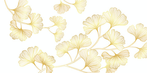 Wall Mural - luxury gold line art autumn leaf background vector. natural botanical elegant foliage with ginkgo le