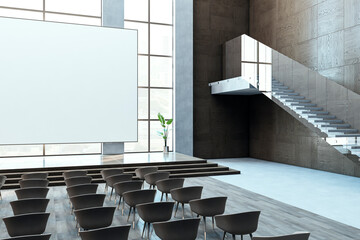 Wall Mural - Bright auditorium with windows and city view, mock up place. Education and lecture concept. 3D Rendering.