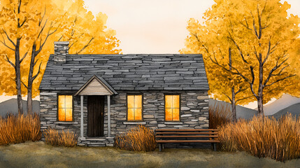 Sticker - Cozy Stone Cottage with Warm Glow in Autumn Landscape