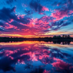 Canvas Print - A breathtaking sunset over a still lake, reflecting the fiery colors of the sky in its tranquil waters.