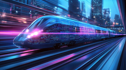 A high-speed train with digital data flowing through it, a futuristic cityscape in the background