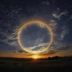 Canvas Print - A bright, halo-shaped sundog in the sky, during a sunset over a field.