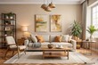 © DigitalArt Max - Beige furniture and abstract artwork come together in a harmonious synergy, creating a cozy living room that subtly