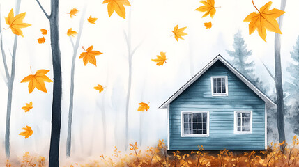 Wall Mural - Watercolor Cottage in the Autumn Woods - Perfect for Fall Home Decor and Greeting Cards