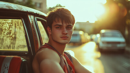 A handsome and young man who comes to pick up his lover by car, summer. 