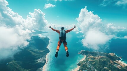 Wall Mural - sky diving over sea and mountain background