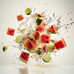 Canvas Print - A burst of fresh watermelon and lime pieces with splashing water droplets against a white background.