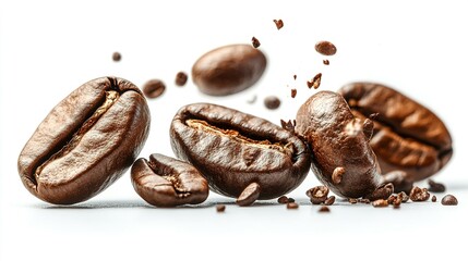 Wall Mural - Coffee Beans in Motion with Ground Coffee and a White Background