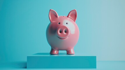 A pink piggy bank stands on a blue platform against a light blue background.