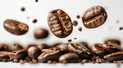 Wall Mural - Close-up of Roasted Coffee Beans Falling and Scattered on a White Surface