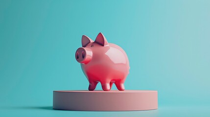 A pink piggy bank stands on a brown platform against a blue background.