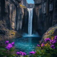 Poster - A cascading waterfall plunges into a serene pool, framed by vibrant purple wildflowers.