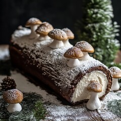 Sticker - A chocolate Yule log cake decorated with meringue mushrooms and dusted with powdered sugar.