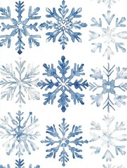 Poster - Various abstract snowflakes in shades of blue are artistically arranged against a white background, creating a seasonal atmosphere. Generative AI