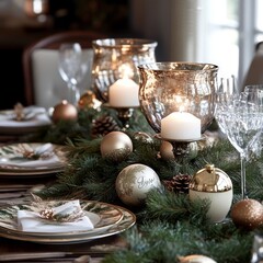 Sticker - A Christmas table setting with a green garland, gold ornaments, and candles in glass hurricanes.