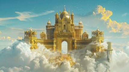 A majestic golden castle emerges from the clouds, with an arched entrance leading to a mysterious destination.