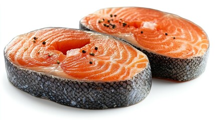 Two Raw Salmon Steaks with Peppercorns on a White Background