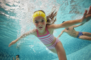 Poster - an underwater view, close up on the legs and arms of two young girls wearing colorful swimsuits