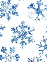 Aufkleber - Delicate blue snowflakes fill a white background, representing winter's artistry through intricate designs and symmetrical shapes. Generative AI