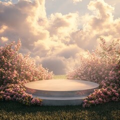 Canvas Print - A circular pedestal surrounded by blooming pink flowers, set against a backdrop of fluffy clouds and a warm sunset.