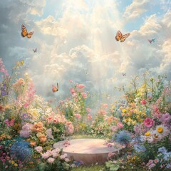 Canvas Print - A circular platform in a field of colorful flowers with a sky filled with butterflies and a sunbeam shining down.