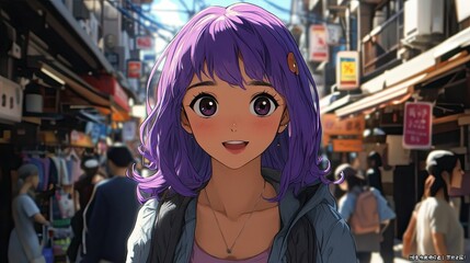 43. Anime-style portrait of a young Japanese woman with vibrant purple hair, wearing a stylish outfit, standing in a bustling marketplace, her expression playful and lively