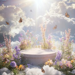 Wall Mural - A circular podium surrounded by flowers and butterflies floats among clouds in a blue sky with sunshine.