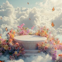 Canvas Print - A circular podium with a delicate floral border surrounded by clouds and flying butterflies.