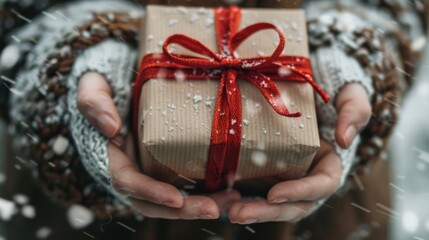 Gift in Hands with Snow Falling