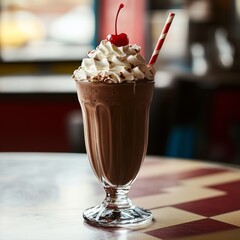 Wall Mural - A classic chocolate milkshake with whipped cream and a cherry on top, served in a tall glass with a red and white striped straw on a checkered table.