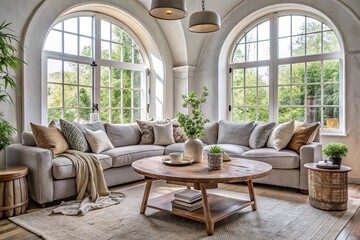 Rustic accent round coffee table near fabric sofa with many pillows against arched window. Scandinavian farmhouse style home interior design of modern living room