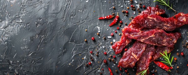 Delicious thinly sliced jerky with spices on black table