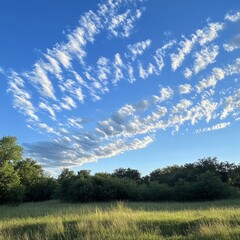 A clear blue sky with wispy clouds and green grass field.